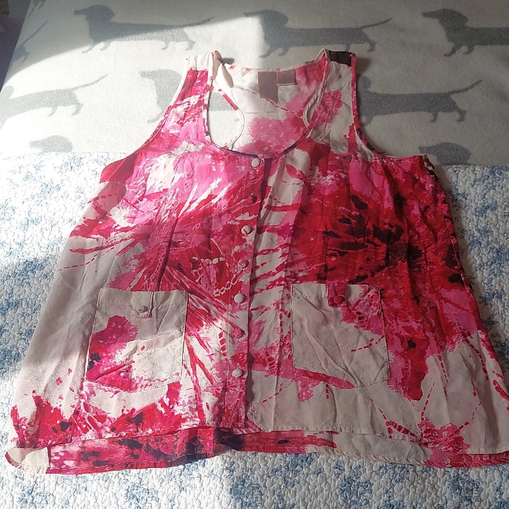 Silk Women’s Pink Paint-Splash Sleeveless Button Tank Top